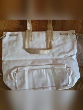 NOS Nina Ricci Vtg. Canvas Tote Bag with Gold Trim - Off White